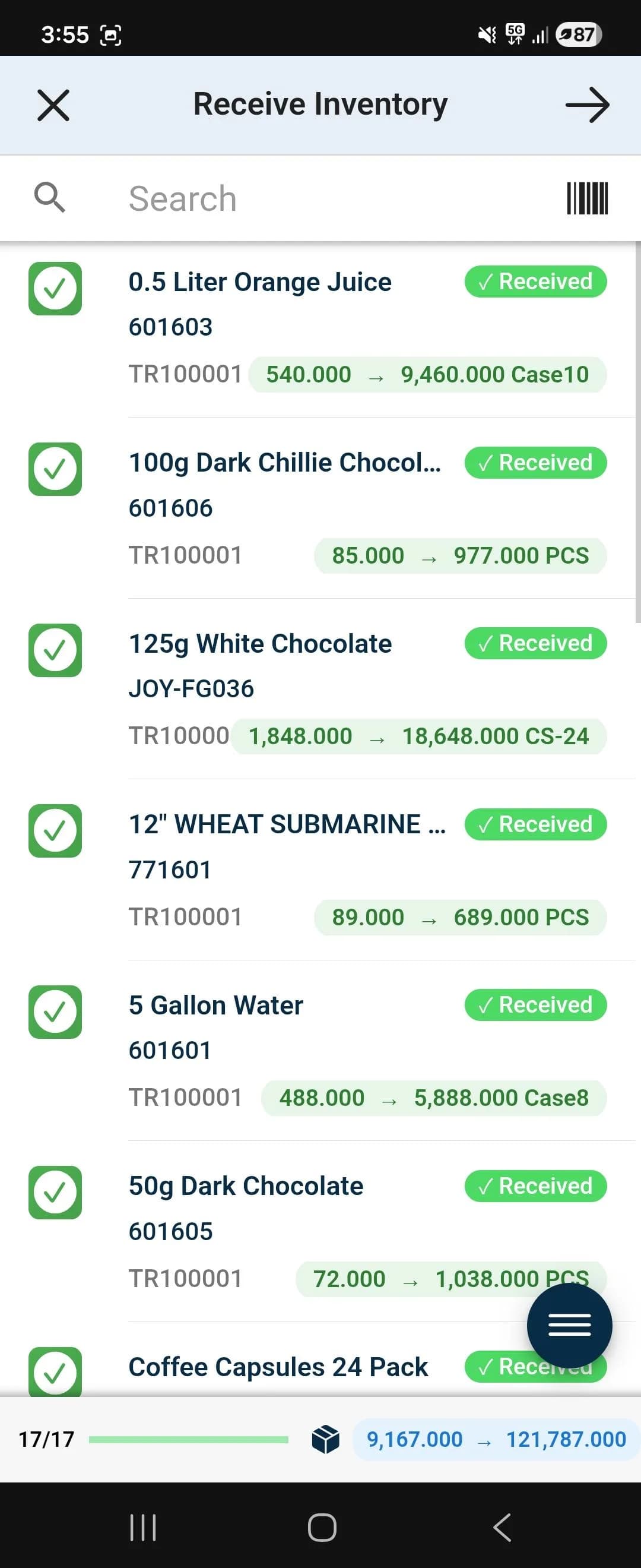 Receive Inventory — Mobile