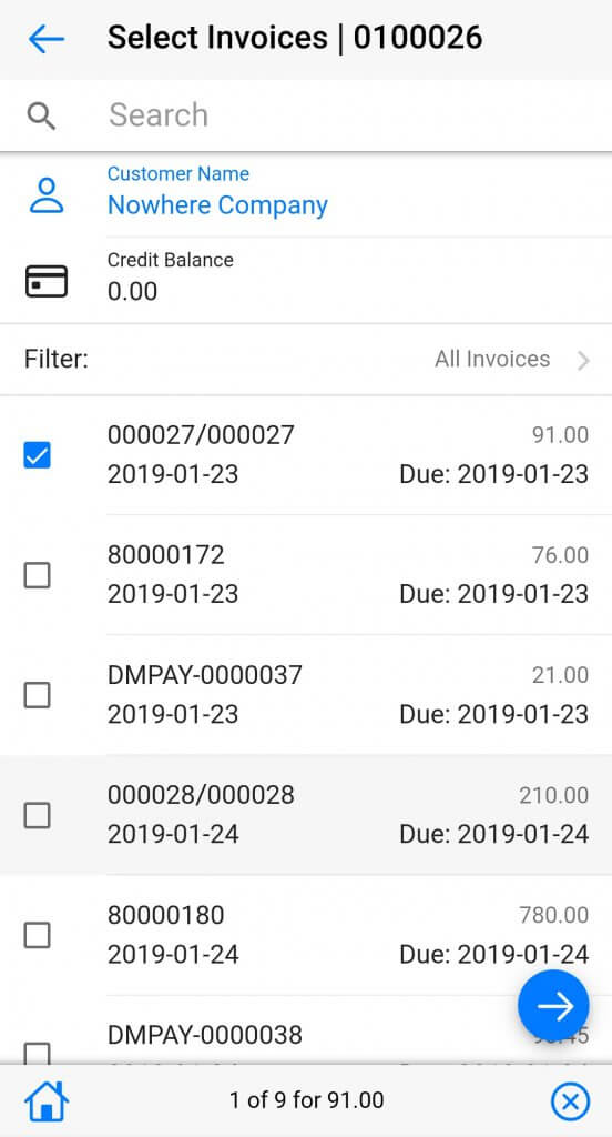 Dynamics Mobile Van-sales screenshot invoices