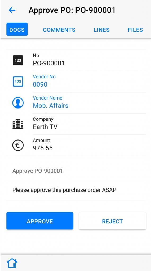 Dynamics Mobile Approvals for Microsoft Dynamics screenshot purchase order