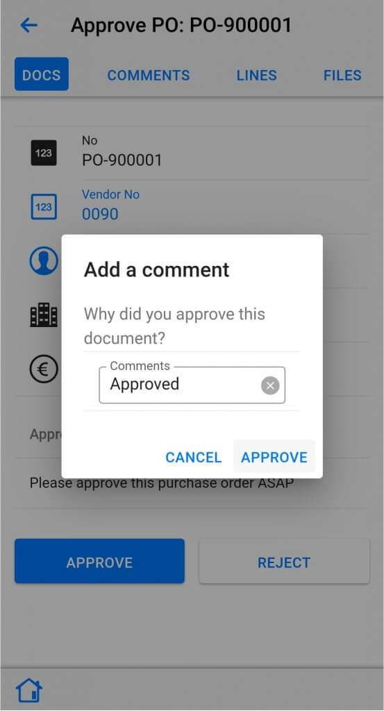 Dynamics Mobile Approvals for Microsoft Dynamics screenshot approve or reject screen